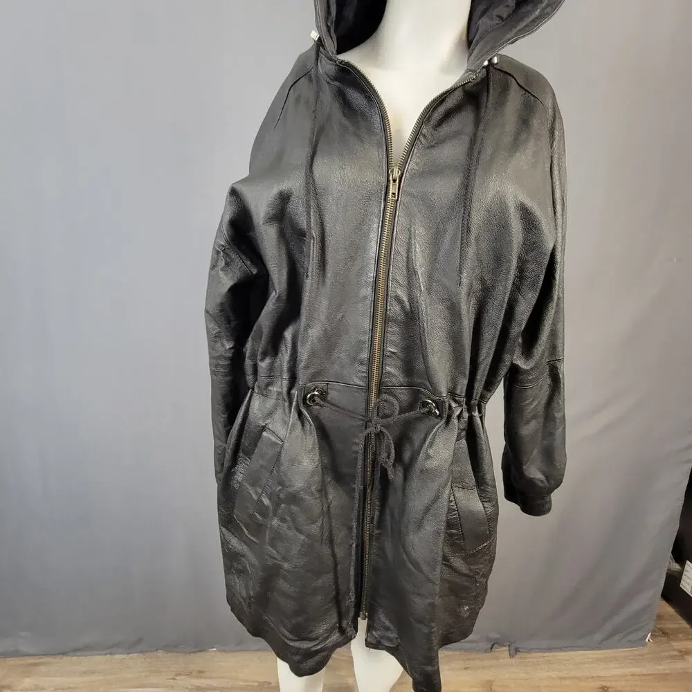 ADA Classics Vintage Brown Leather Hooded Coat with Drawstring Waist